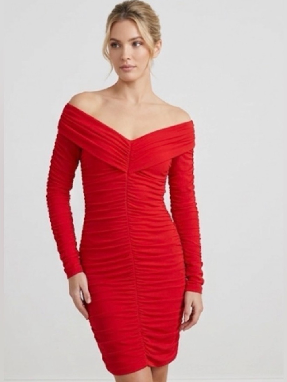 Red Ruched Long Sleeve Midi Dress size small NWOT